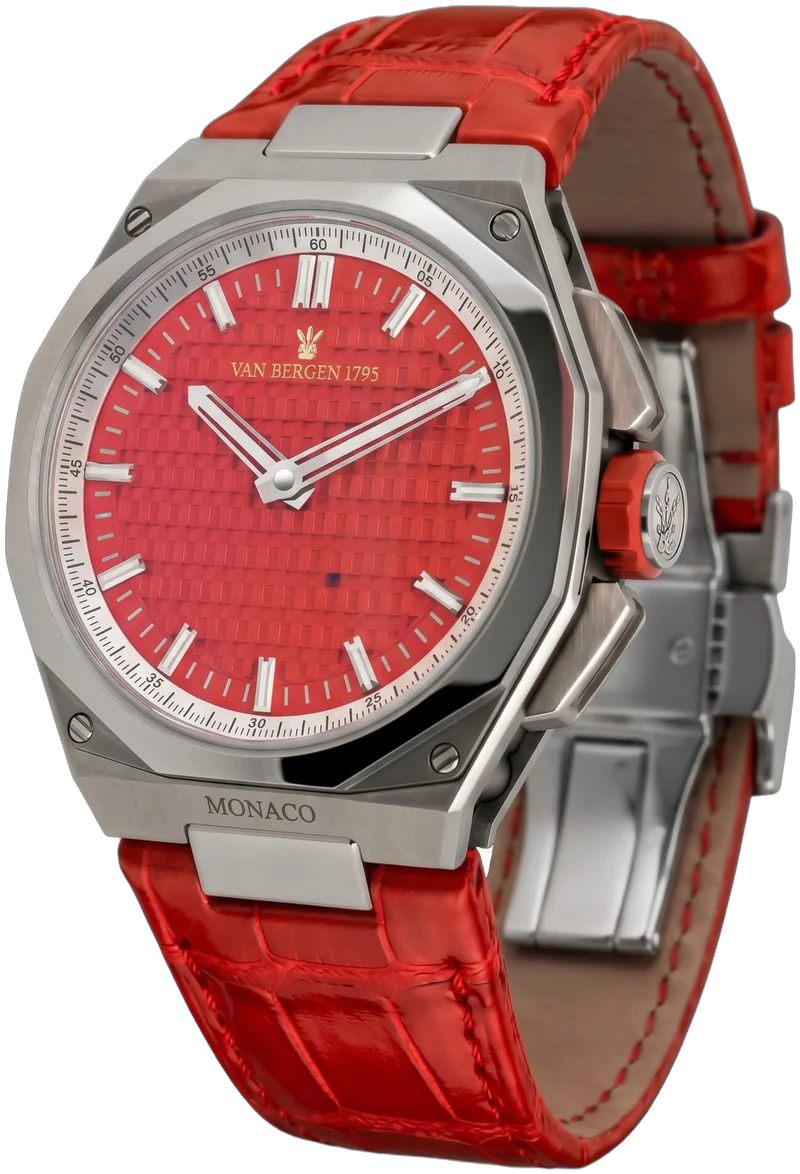 The Heero Monaco Special Edition on a red leather strap