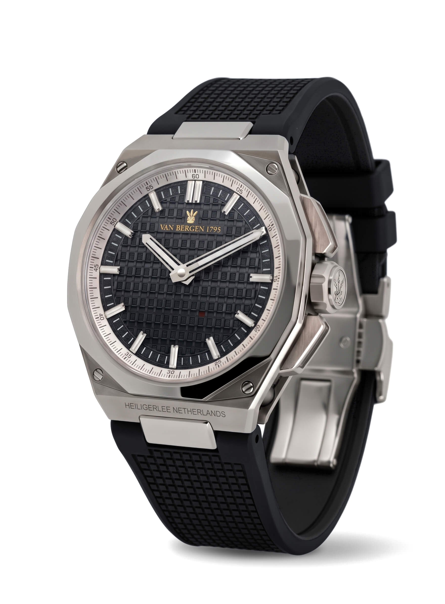 The Heero Forge Black on a black rubber strap