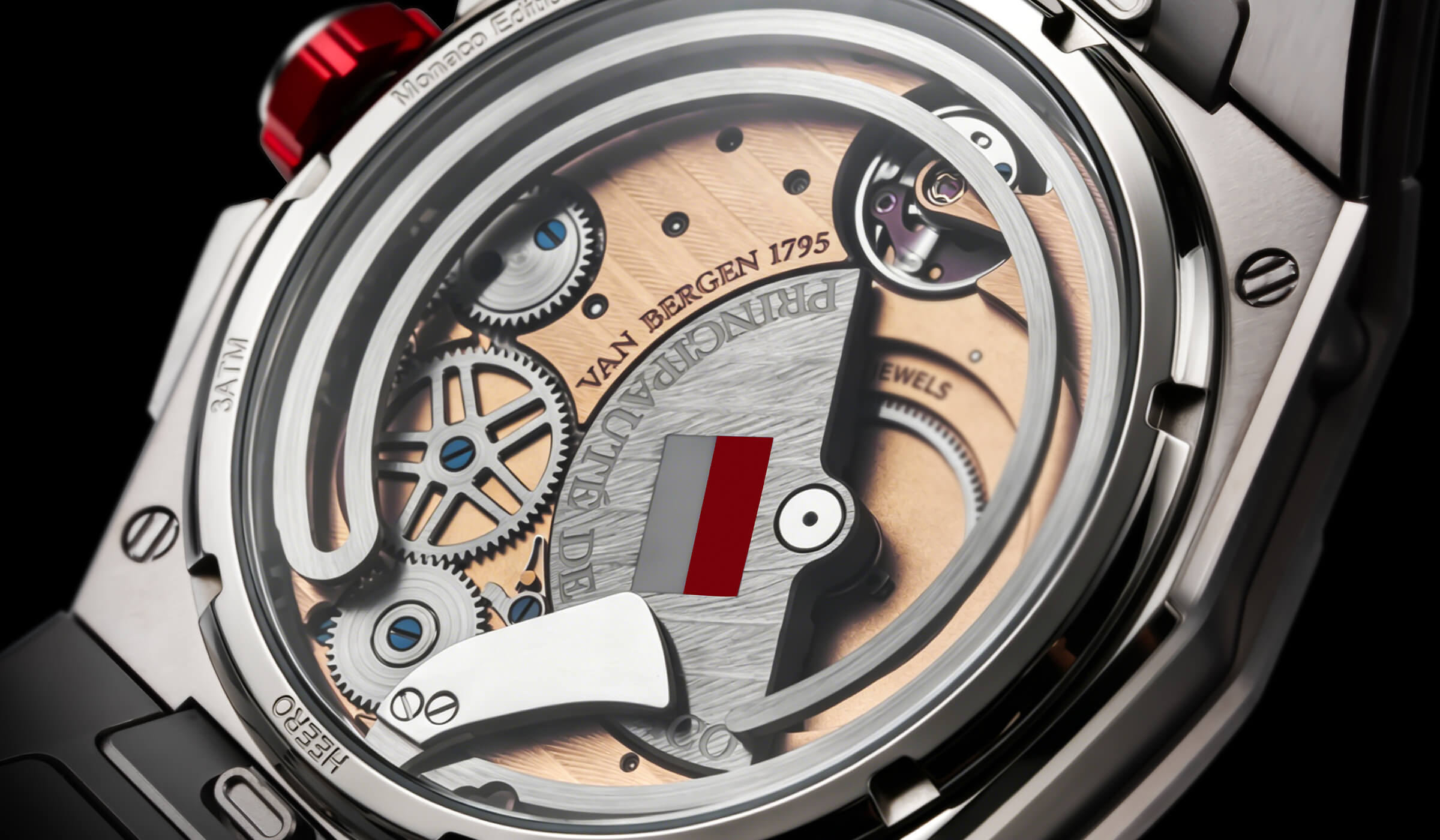 The striking work of Calibre VBA01 seen through the sapphire case back